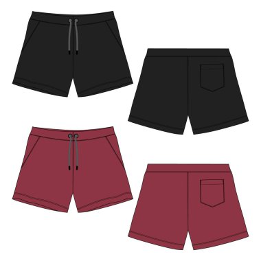 Şort pantolonu teknik çizim düz taslak şablon ön ve arka görünüm