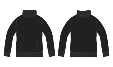 Eşofmanlı, dik yakalı, teknik taslak düz taslak, vektör çizimi ön ve arka görünüm şablonlu.