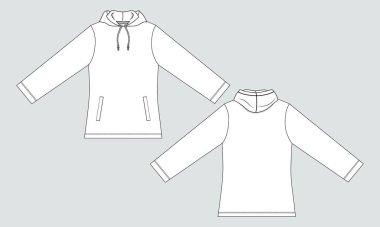 Uzun kollu kapüşonlu kapüşonlu teknik taslak çizim vektör çizimi ön ve arka görünüm. Postlu kazak, kapüşonlu kapüşonlu.