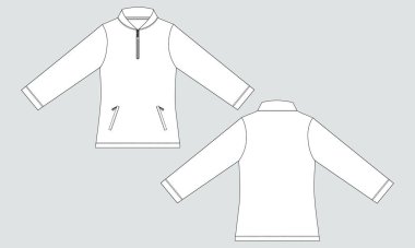 Uzun kollu ceket teknik taslak düz çizim vektör çizim şablonu ön ve arka görünüm