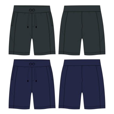 Şort pantolonu teknik çizim düz taslak şablon ön ve arka görünüm