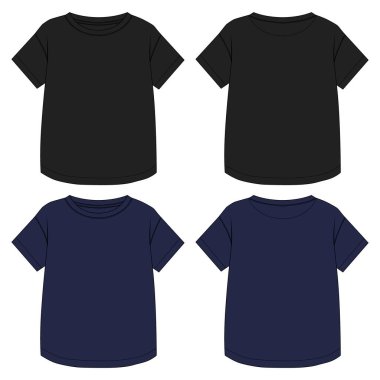 Kısa kollu tişört, teknik taslak, düz taslak vektör, illüstrasyon şablonu ön ve arka görünüm. Temel Giyim Tasarımı Çocuklar İçin Model Yap