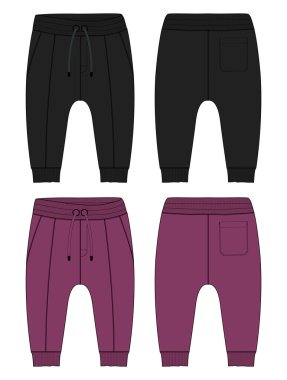 Temel eşofman altı teknik çizimi düz taslak şablon ön ve arka görüntüler. Çocuklar için.