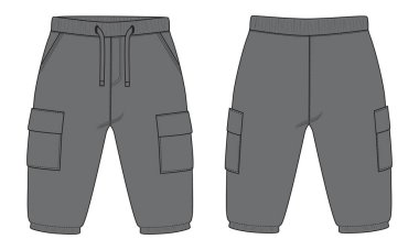 Temel eşofman altı teknik çizimi düz taslak şablon ön ve arka görüntüler. Çocuklar için.