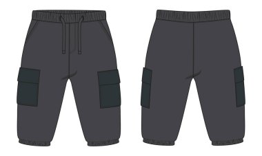 Temel eşofman altı teknik çizimi düz taslak şablon ön ve arka görüntüler. Çocuklar için.