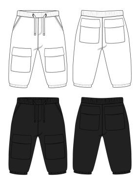 Temel eşofman altı teknik çizimi düz taslak şablon ön ve arka görüntüler. Çocuklar için.