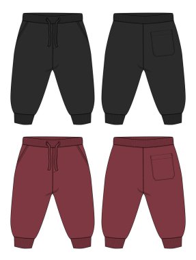 Temel eşofman altı teknik çizimi düz taslak şablon ön ve arka görüntüler. Çocuklar için.