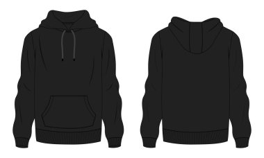 Kapüşonlu Sweatshirt genel olarak teknik moda ön ve arka görünüm düz çizim şablonu