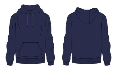 Kapüşonlu Sweatshirt genel olarak teknik moda ön ve arka görünüm düz çizim şablonu