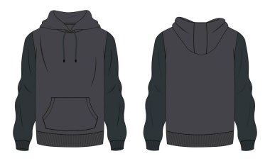Kapüşonlu Sweatshirt genel olarak teknik moda ön ve arka görünüm düz çizim şablonu
