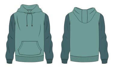 Kapüşonlu Sweatshirt genel olarak teknik moda ön ve arka görünüm düz çizim şablonu