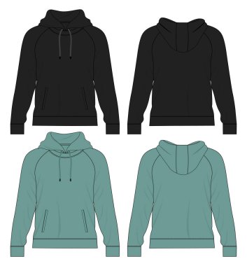 Kapüşonlu Sweatshirt genel olarak teknik moda ön ve arka görünüm düz çizim şablonu