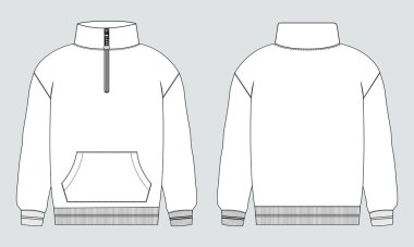 Uzun kollu ve kısa tüylü ceket. Teknik modanın tamamı düz taslak. Vektör illüstrasyon şablonu Ön, arka görünüm.