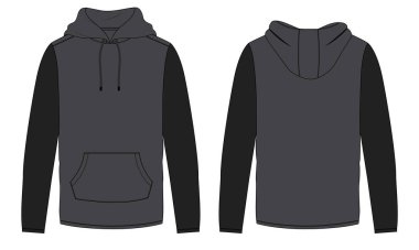 Kapüşonlu Sweatshirt genel olarak teknik moda ön ve arka görünüm düz çizim şablonu