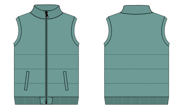 Fleece sweat jersey vest technical drawing fashion flat sketch vector illustration template front and back views