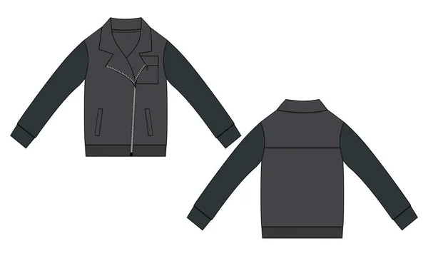 フリース生地コートジャケットスウェットシャツ技術的なファッションフラットスケッチベクトルイラストテンプレートフロントとバックビュー — ストックベクタ