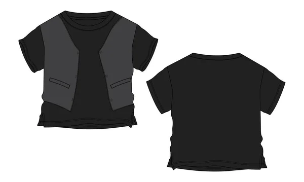 ベビー男の子Tシャツ技術図面ファッションフラットスケッチベクトルイラストグレーとカーキカラーテンプレートフロントとバックビュー — ストックベクタ