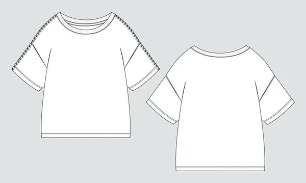 短袖T恤衫技术流行平面草图矢量插图模板前 后视图 童装基本服装设计模型 — 图库矢量图片