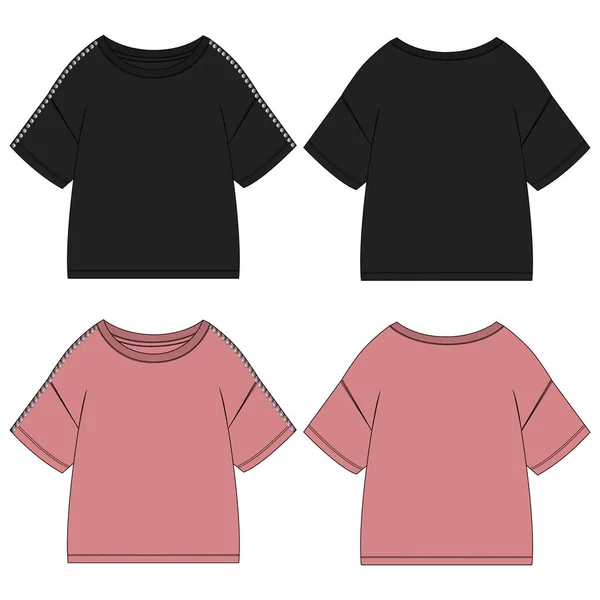 Pendek Lengan Basic Shirt Fashion Teknis Gambar Datar Vektor Illustration - Stok Vektor