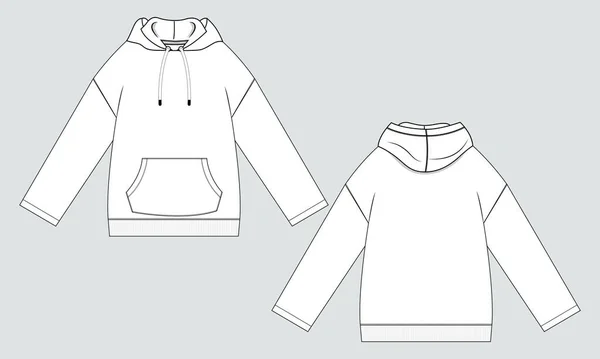 Long Sleeve Hoodie Technical Fashion Flat Sketch Vector Illustration Template — Stock Vector