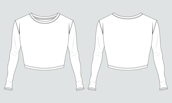 女用长袖T恤衫上衣技术制图时尚扁平矢量插图模板 — 图库矢量图片