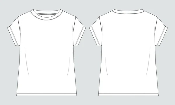 短袖T恤衫技术流行平面草图矢量插图模板前 后视图 童装基本服装设计模型 — 图库矢量图片