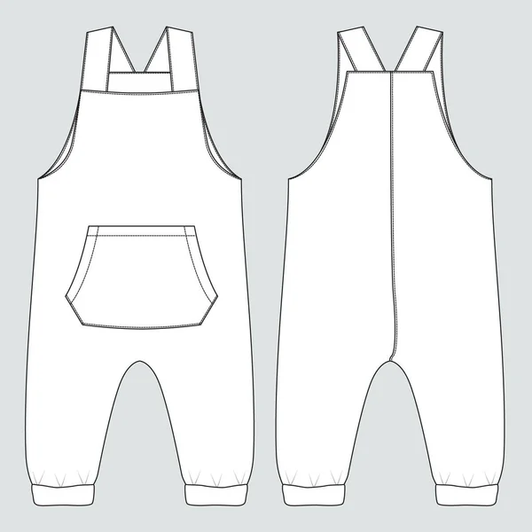 Allt Dungaree Bodysuit Teknisk Ritning Mode Platt Skiss Vektor Illustration — Stock vektor