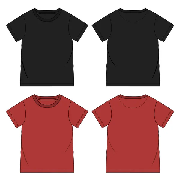 ショートスリーブ基本的なTシャツ技術的なファッションフラットスケッチベクトルイラストテンプレートフロントとバックビュー 子供のための基本的なアパレルデザインモックアップ — ストックベクタ