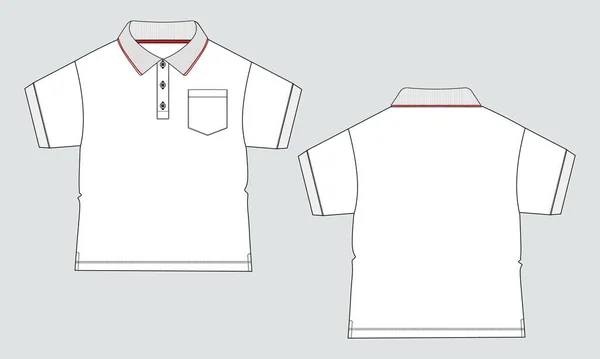 Kurzarm Mit Tasche Poloshirt Technische Zeichnung Mode Flache Skizze Vektor — Stockvektor