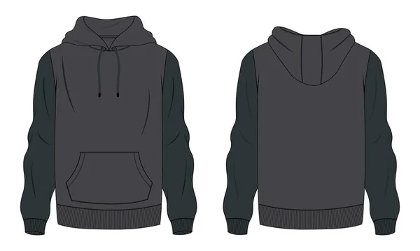Hoodie Sweatshirt整体技术时尚绘图平面草图模板前 后视图 — 图库矢量图片