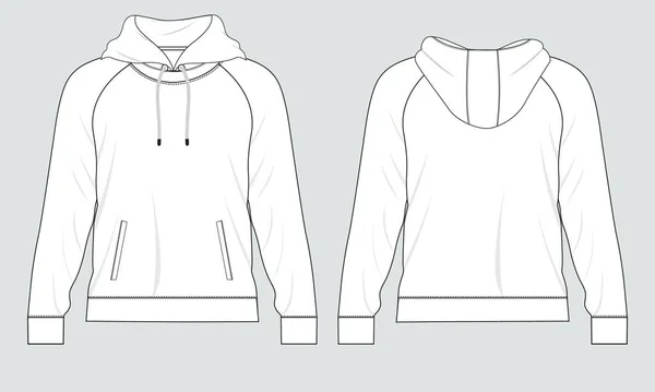 Hoodie Sweatshirt Algemene Technische Mode Tekenen Platte Schets Sjabloon Voor — Stockvector