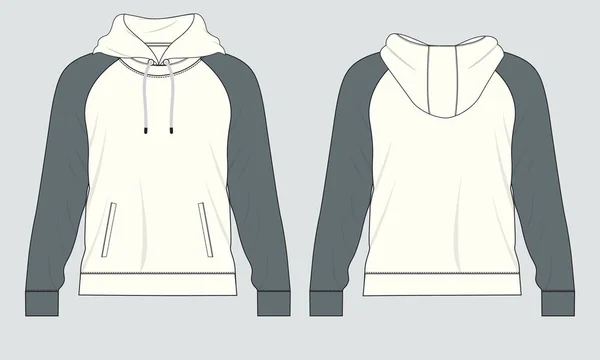 Hoodie Sweatshirt Allgemeine Technische Mode Zeichnung Flache Skizzenvorlage Vorder Und — Stockvektor