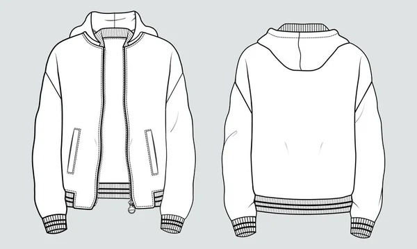 Long Sleeve Hoodie Zipper Technical Fashion Drawing Sketch Template Front — Stock Vector