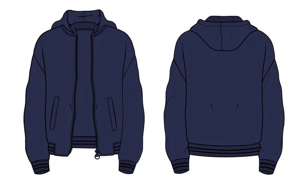 Hoodie Lengan Panjang Dengan Zipper Fashion Teknis Menggambar Sketsa Templat - Stok Vektor