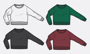 Uzun kollu Cotton-Terry Fleece eşofman üstü, düzgün yakalı, teknik moda düz çizim. Düz çizim kazağı, unisex bluzu.  