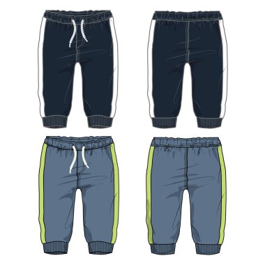 Örtü pamuk forma temel eşofman altı teknik moda düz taslak şablonu. Çocuklar ve erkekler için kıyafet koşucusu pantolon vektör ilüstrasyonları.  