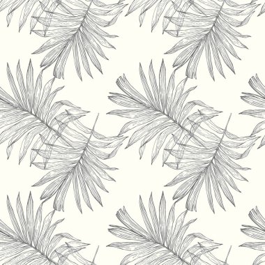 Tropik palmiye, arka planda kusursuz vektör çizimi bırakır. Kumaş baskı kağıtları ve diğerleri için kullanılacak tasarım.
