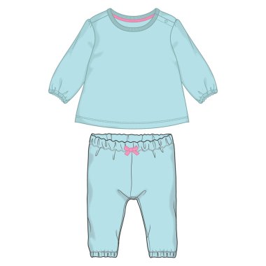 Çocuklar için pantalon resimli mavi tişört. Bebek kızlar için kıyafet tasarımı. 