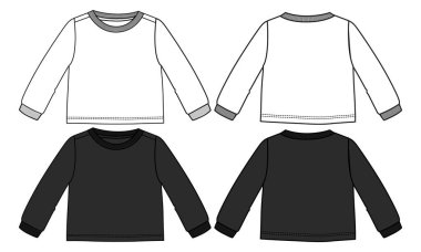 Kısa kollu gömlek teknik taslak düz taslak çizim, siyah beyaz renk şablonu ön ve arka görünüm 