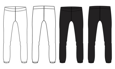 Leggings pantolonları teknik olarak düz taslak çizim vektör çizimi bayanlar için siyah beyaz renk şablonu. 