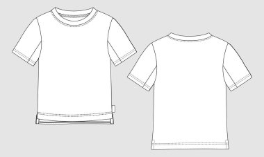 Kısa kollu Temel Tişört Teknik Çizim Moda Çizim Çizimi Çizim Vektörü Çizim Şablonu ön ve arka görüntüler. Temel giyim tasarımı. Çocuklar ve çocuklar için.. 