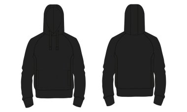 Kapüşonlu Teknik taslak Vektör şablonu. Pamuk yün kumaş kapüşonlu sweatshirt çizimi siyah renk ön, arka görünüm. 