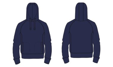Kapüşonlu Teknik taslak Vektör şablonu. Pamuk yün kumaş kapüşonlu sweatshirt çizimi donanma rengi Ön, arka görünüm.