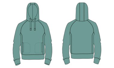 Kapüşonlu Teknik taslak Vektör şablonu. Pamuk yün kumaş kapüşonlu sweatshirt çizimi yeşil renk ön, arka görünüm. 