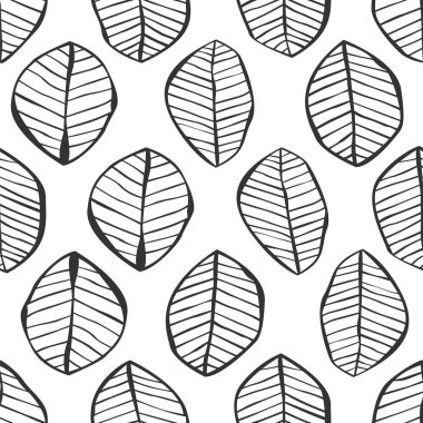 Elle çizilmiş yaprakları olan kusursuz vektör deseni. Siyah beyaz arka plan. karalama elementleriyle monokrom dokusu.