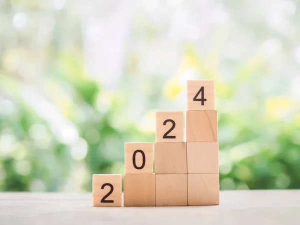 2024 numara ahşap blokta, doğa geçmişi var. 2024 'teki hedef başarı ve başarı kavramı