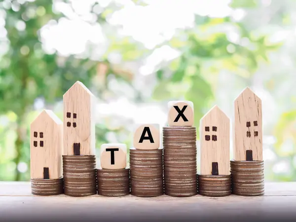 Miniature House Wooden Blocks Word Tax Stack Coins Concept Paying — Stock Photo, Image