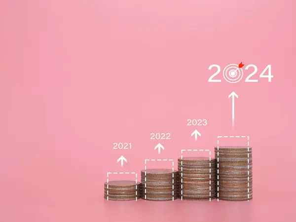 Stack of coins with arrow rising. The concept of business growth, Financial investment, Market stock, Profit return, Dividend and Business fund in year 2024