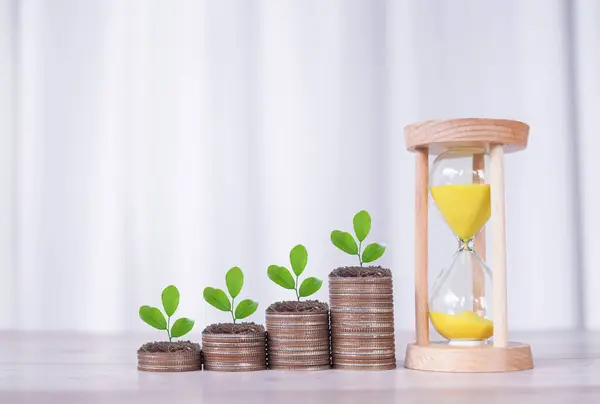 Hourglass and plants growing up on stack of coins. The concept of saving money, manage time to success Financial, Investment and Business growing up.
