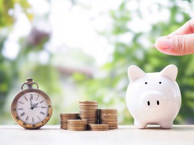 Domuzcuk kumbarasına, klasik saate ve bir yığın bozuk paraya el sıkışın. Tasarruf, Finansal, Yatırım ve İş Büyütme kavramı.